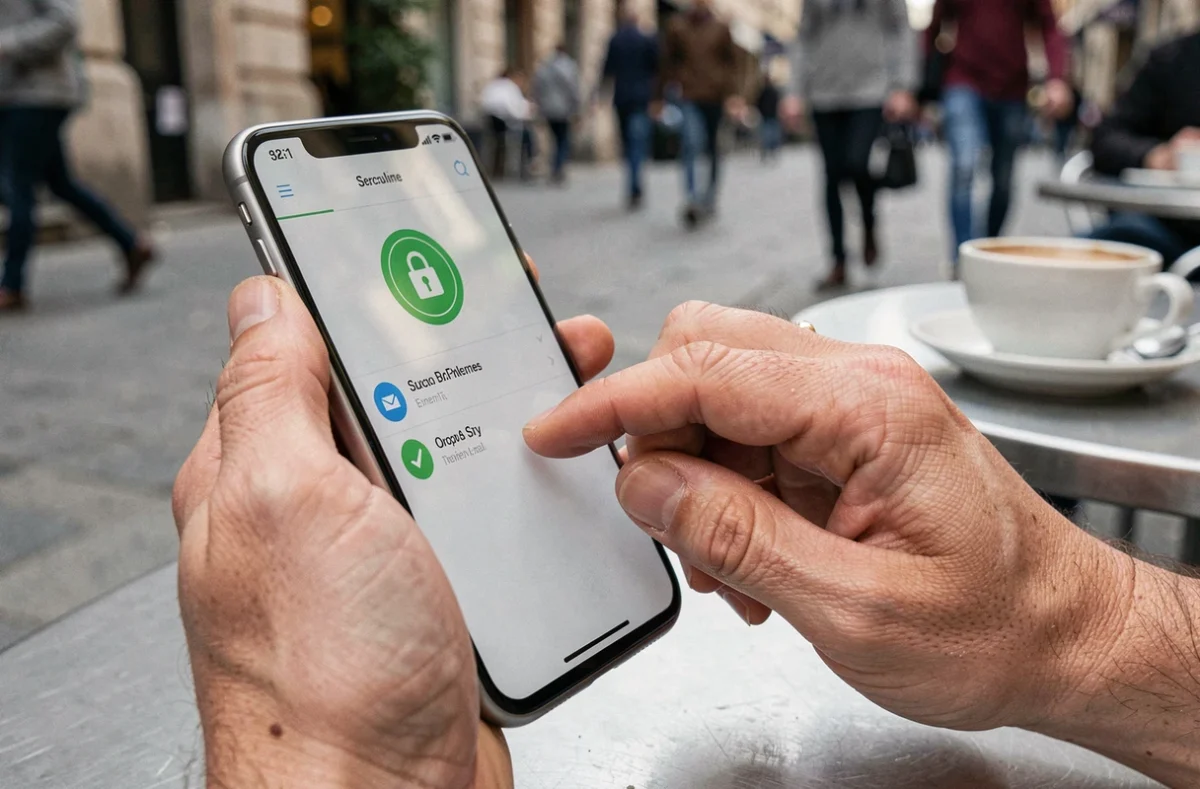 Gros plan sur un smartphone affichant une application d'email sécurisé avec indicateurs de chiffrement en extérieur