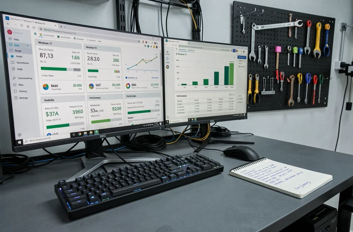 Station de travail PC avec comparatif de performances Windows 10 et Windows 11 affichés sur grand écran de bureau