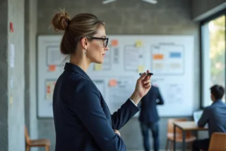 Professionnelle présentant une stratégie de déploiement sur un tableau blanc dans un bureau moderne