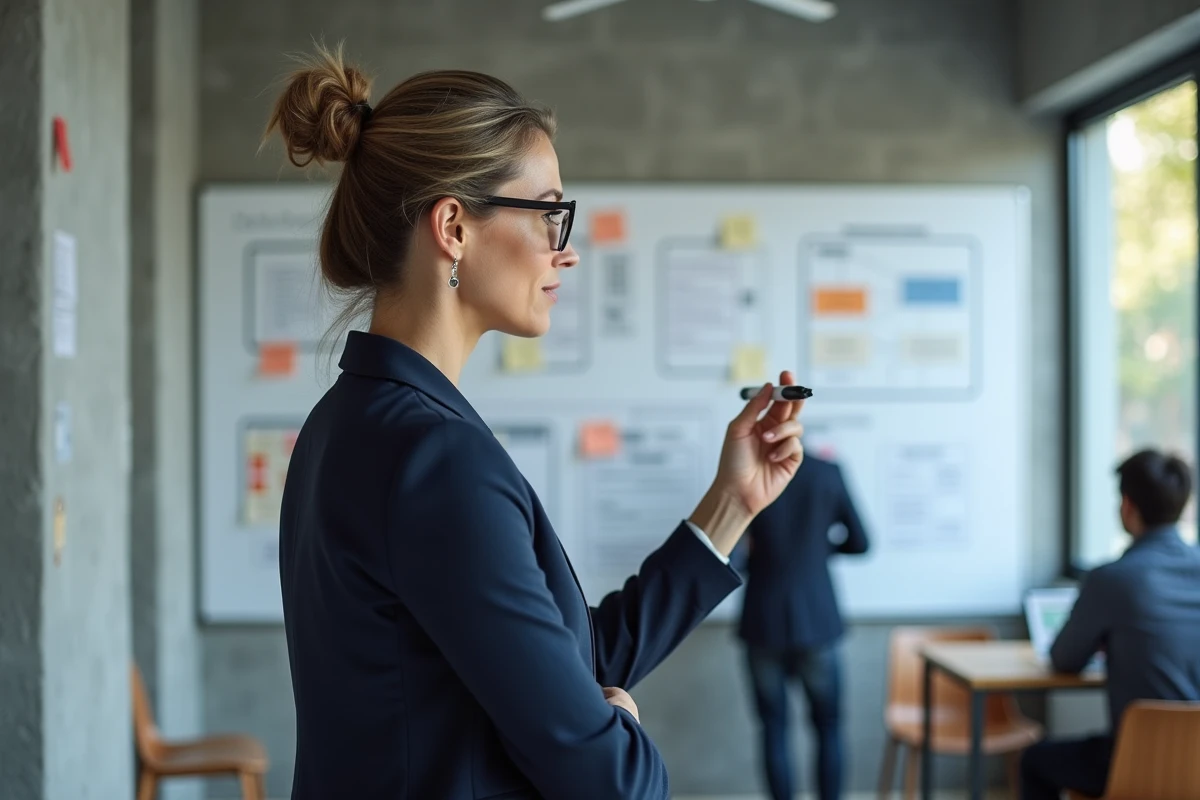 Professionnelle présentant une stratégie de déploiement sur un tableau blanc dans un bureau moderne