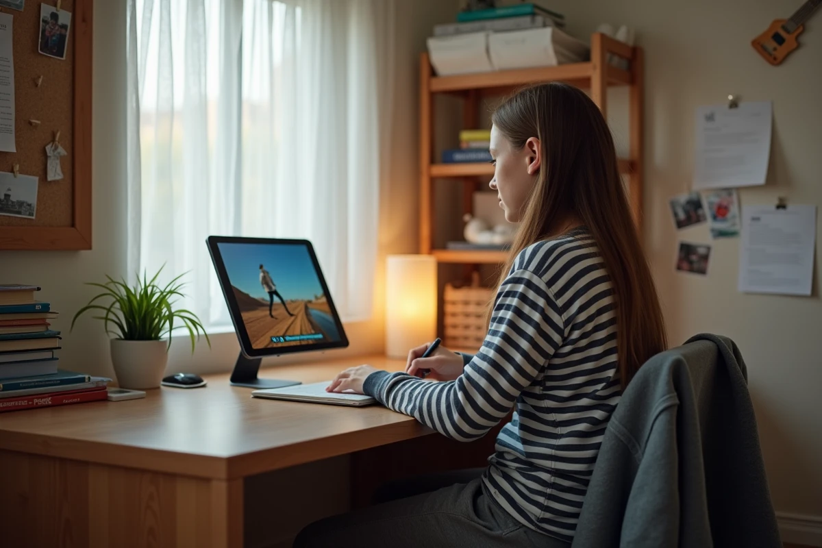 Adolescente regardant la TV en streaming sur iPad dans une chambre d'étudiant sans décodeur satellite