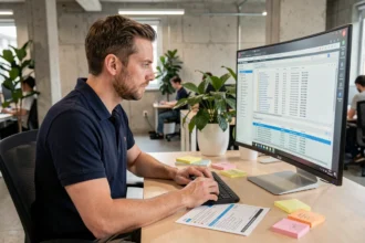 Technicien informatique gérant les paramètres système d'un OS sur un écran ultrawide dans un bureau moderne