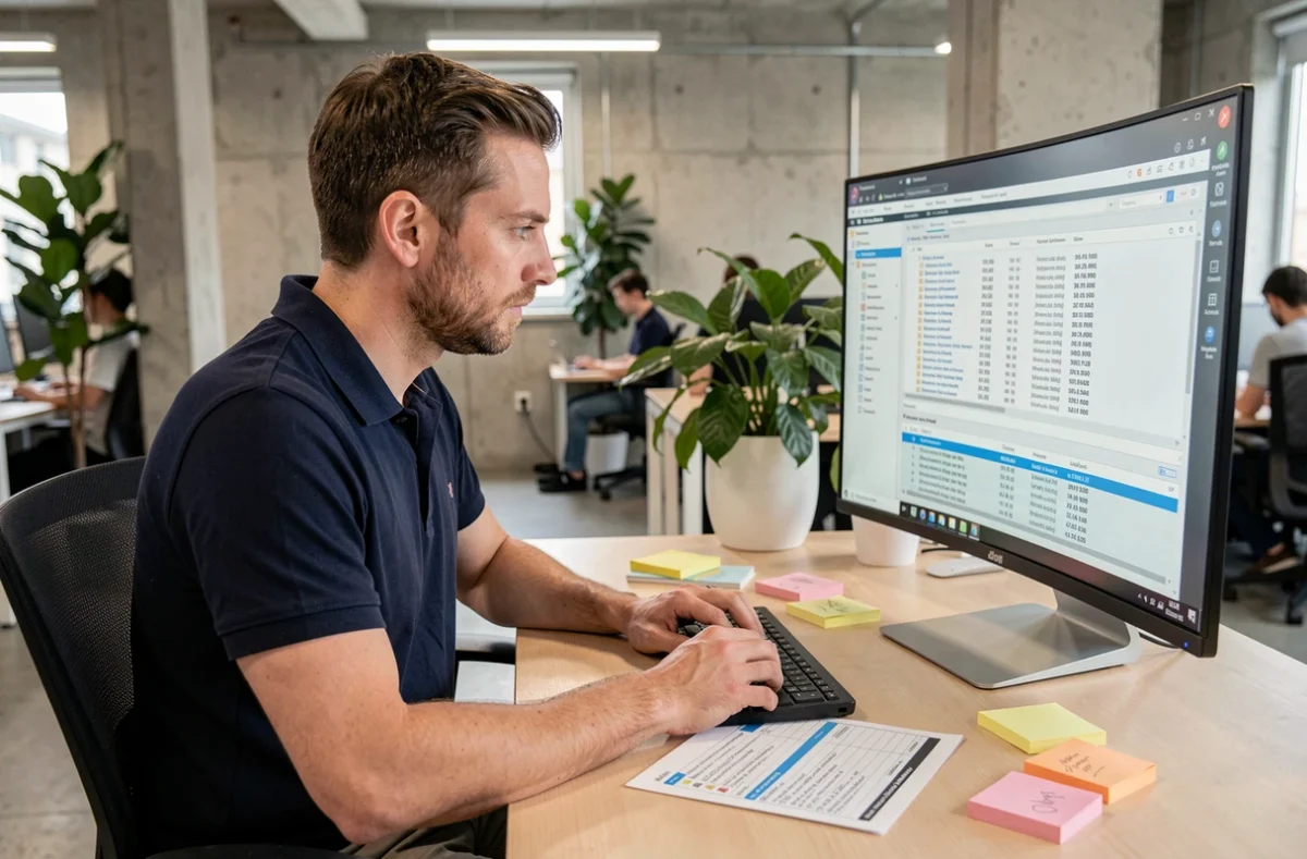 Technicien informatique gérant les paramètres système d'un OS sur un écran ultrawide dans un bureau moderne