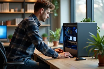 Jeune technicien informatique examinant un PC de bureau