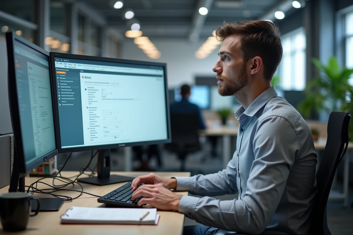 Technicien informatique universitaire vérifiant les paramètres essentiels de la messagerie Zimbra sur grand écran