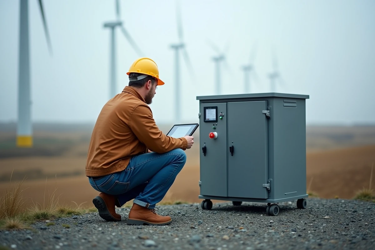 Technicien surveille un gateway IoT dans un paysage éolien