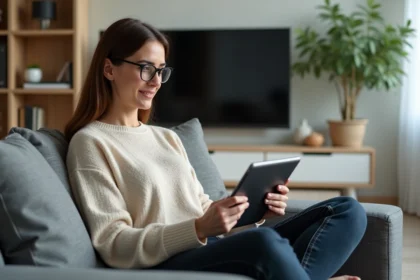 Femme regardant la télévision par Internet sur une tablette Android dans un salon moderne sans décodeur