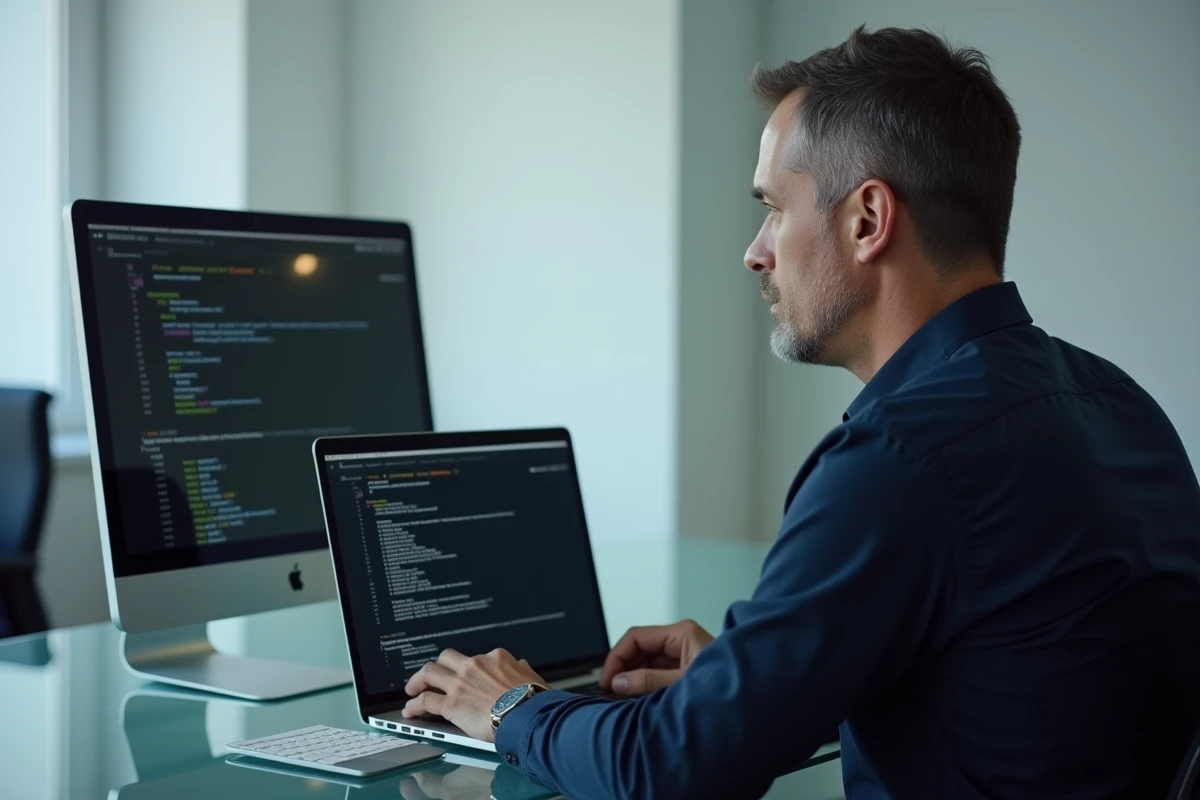 Homme utilisant le terminal macOS pour vider le cache et supprimer des fichiers malveillants sur MacBook Air en entreprise
