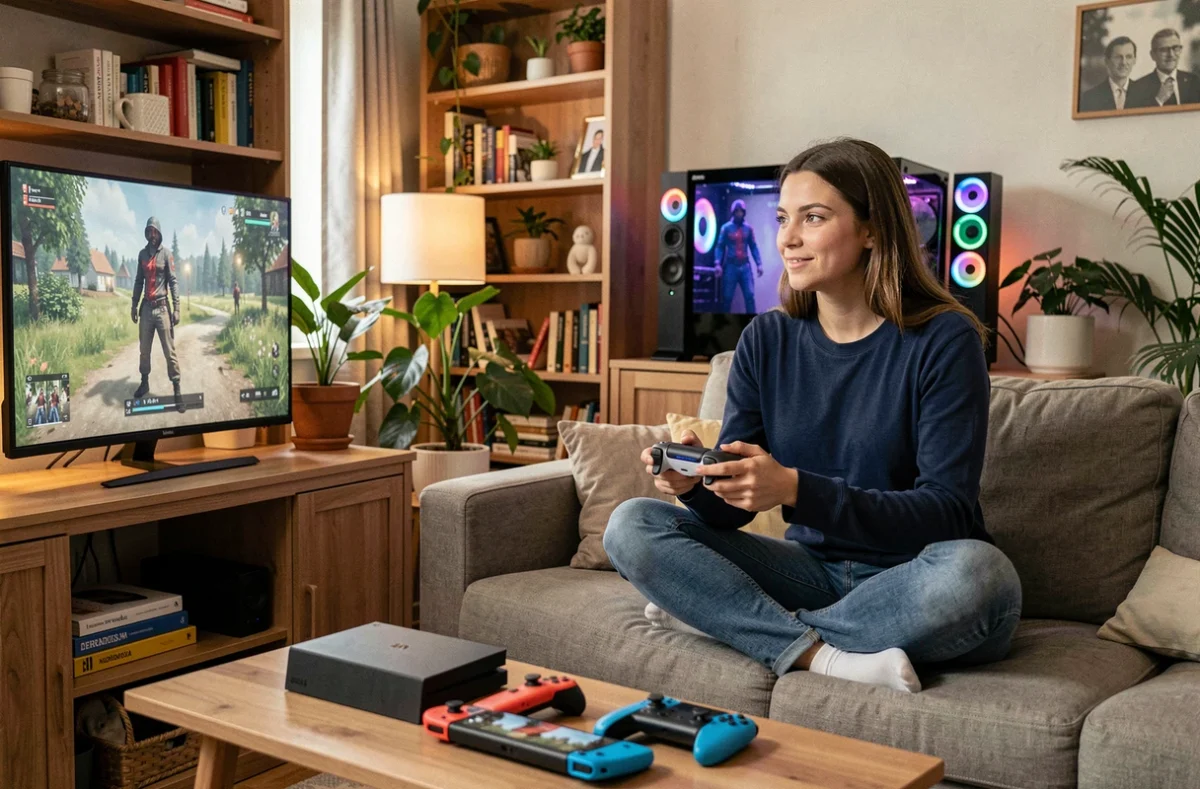Jeune femme jouant sur PC avec une manette PS5 DualSense, une manette Switch posée sur la table basse