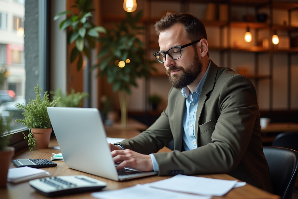 Entrepreneur travaillant sur ordinateur dans un café en journée