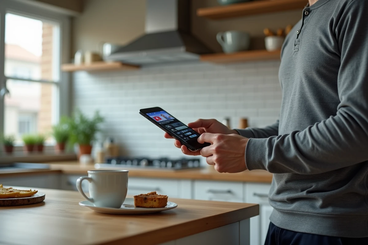 Homme consultant une application de TV en direct sur smartphone dans une cuisine moderne sans décodeur