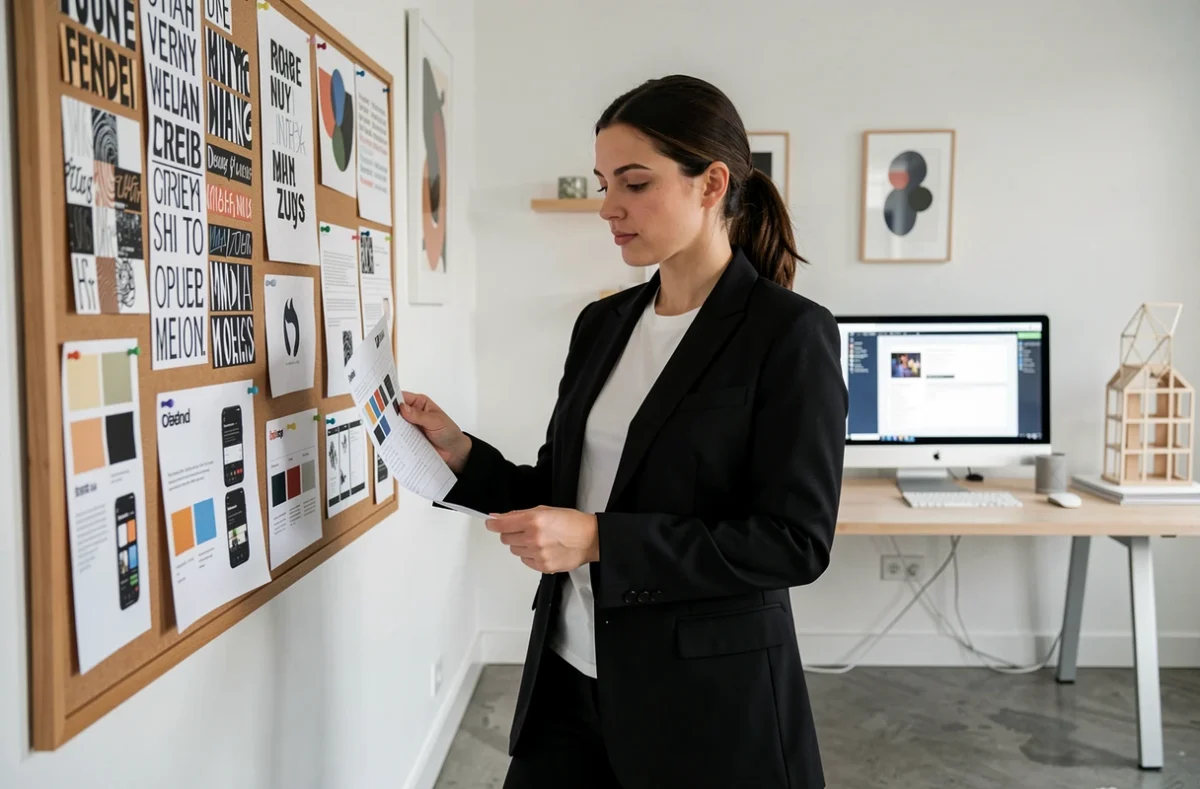 Directrice créative d'UKHÖM, studio créatif à Lille, devant un moodboard de design d'interface mobile avec des références typographiques et visuelles