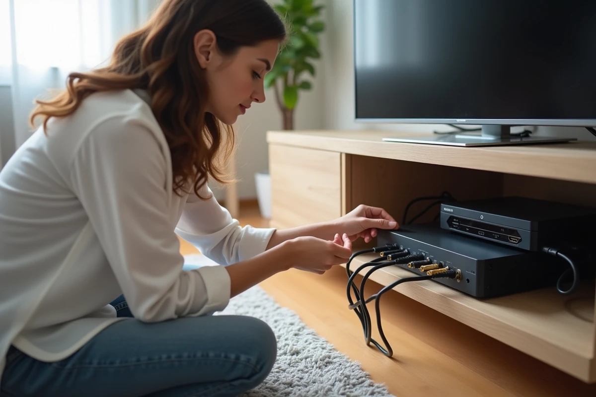 Femme vérifiant les câbles du décodeur Bouygues pour résoudre une erreur de connexion