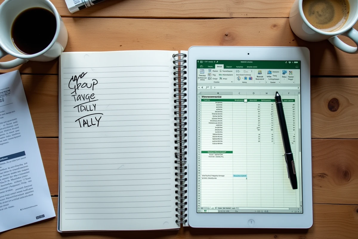 Vue aérienne d'un bureau avec tablette affichant des formules Excel DATEDIF pour le calcul d'âge et un carnet de suivi d'effectifs RH