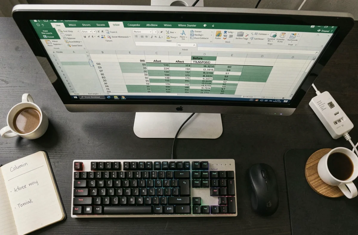Vue aérienne d'un bureau avec un écran affichant la formule TRANSPOSE dans Excel pour inverser lignes et colonnes