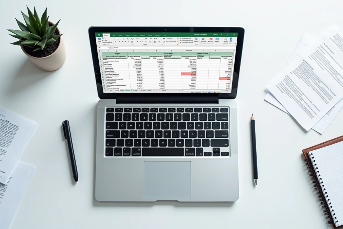 Vue aérienne d'un ordinateur portable affichant un tableau Excel avec des formules de calcul de pourcentage de variation de prix