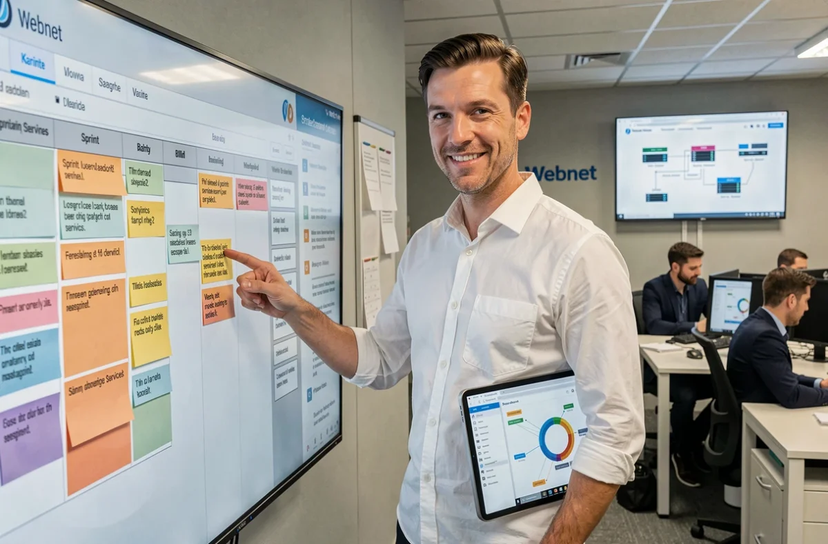 Chef de projet de l'agence Webnet à Lille présentant un tableau de gestion de sprint numérique dans un bureau professionnel