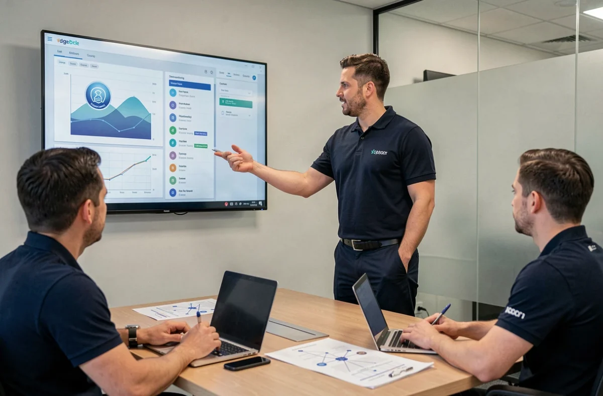 Technicien informatique de X-TREM INFO présentant un tableau de bord de cybersécurité à une équipe dans une salle de réunion moderne